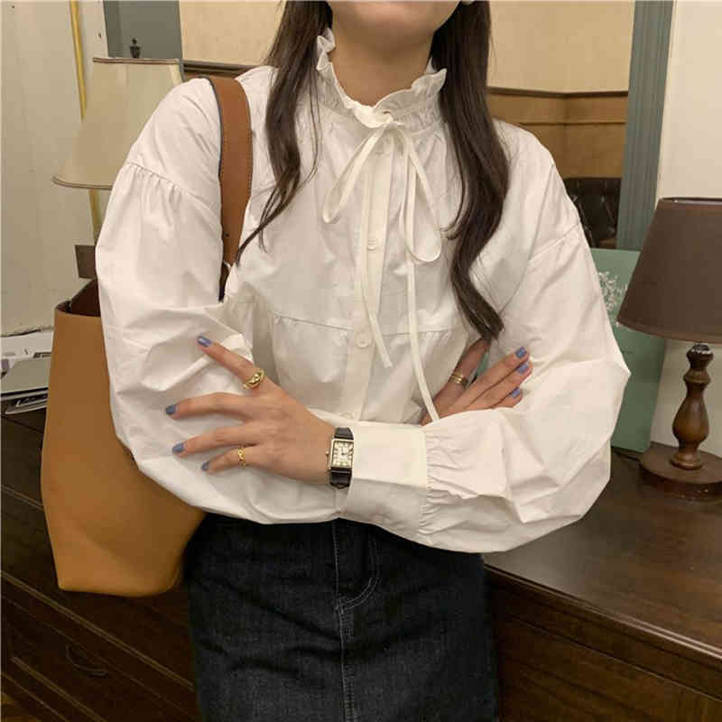 Nomikuma Spring New Women Doll Shirt Causal Ruffle Stand Neck Puff Long Sleeve Blusas Femme Single Breasted Blouses 6E159 210427