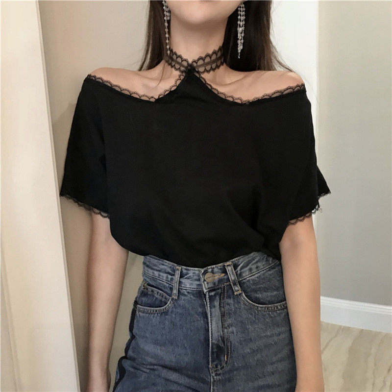 Arrival Summer Lace Patchwork Vintage T Shirt Short Sleeve Korean Fashion Sexy Halter Casual Shirts Femme 210519