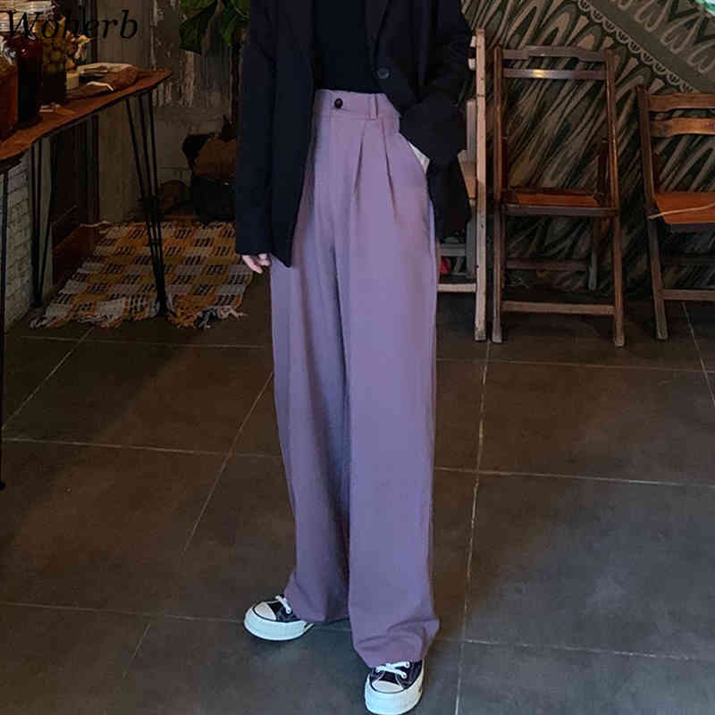 Wide Leg Women Pants Leisure High Waist Long Office Ladies Loose Straight Trousers Black Purple Suit Pant 210519