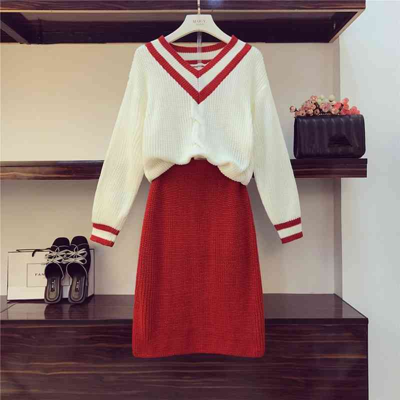 Autumn Winter Oversize Twist Sweater T wo piece set Women Fashion V-neck Loose Pullover Tops and Red Knit Skirt Suit 210525
Autumn Winter Oversize Twist Sweater T wo piece set Women Fashion V-neck Loose Pullover Tops and Red Knit Skirt Suit 210525