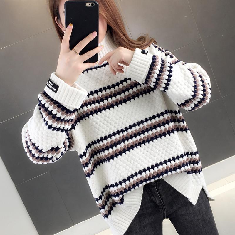 Turtleneck Sweater Women's Loose Outerwear Autumn And Winter Rainbow Stripe Gold Velvet Chenille Pullover Shirt 210427