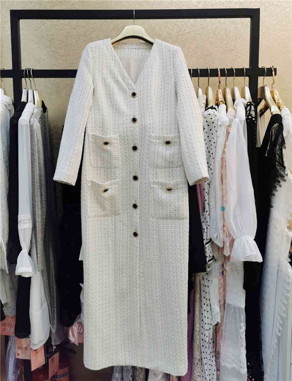 Free Autumn Women Woven Woolen Long Blazer Dress Sexy V-neck Sleeve Single Breasted Bodycon Vestido 210524