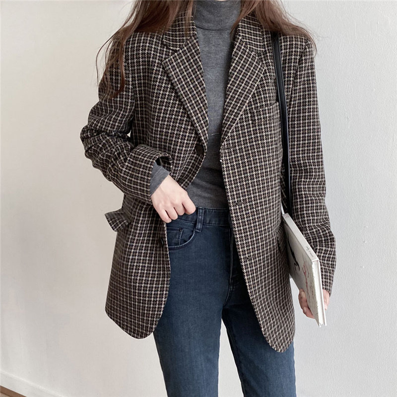 Jacket Plaid Minimalist Women Loose OL Elegant Plus Woolen Vintage Stylish Blazers High Street Coats 210421