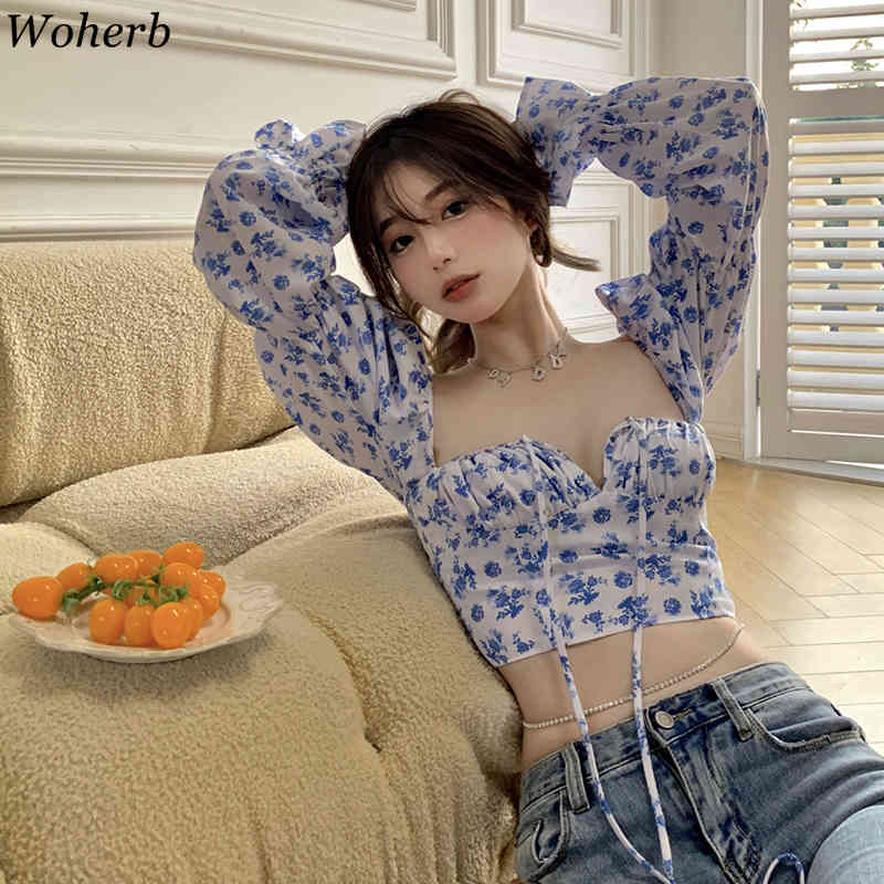Square Collar Crop Blouse Wopem Korean Chic Ins Summer Shirt Floral Print Long Puff Sleeve Bandage Short Blusas Tops 210519