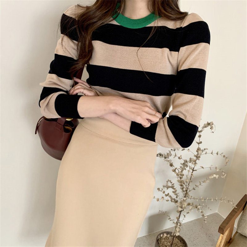 Striped Color-Hit Jumpers Office Lady Slimming Soft Warm Full-Sleeved All Match Knitted Brief Chic Basic Sweaters 210421