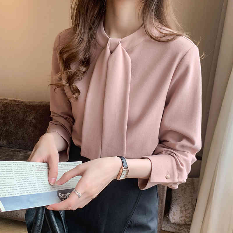 Early Spring Loose Slim Long Sleeve Women's Shirt Pink Office Lady Style Women Tops and Blouses with Tie Blusas Mujer 13047 210427