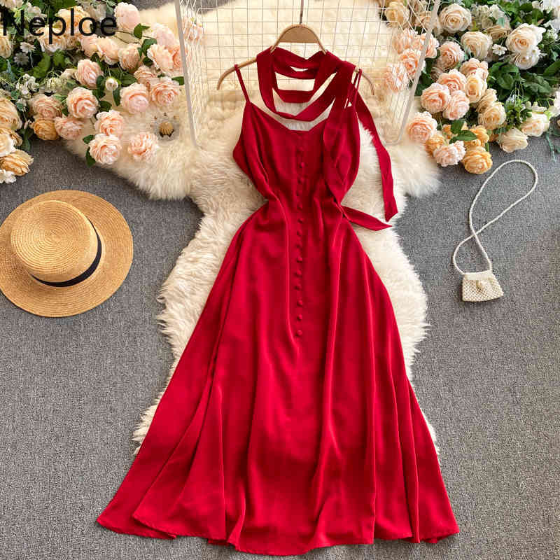 Neploe Maxi Dresses for Women Sexy Lady Off Shoulder Lace Up Vestidos Single Breasted Big Swing Slim Fit Elegant Dress 94819 210422