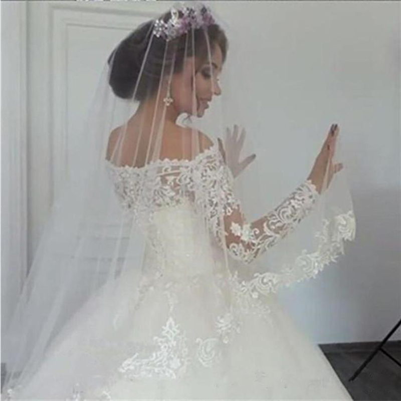 2021 Luxury Lace Ball Gown Wedding Dresses Off Shoulder Long Sleeve Sweep Train Bridal Gowns Applique Plus Size African Abiti Da Sposa