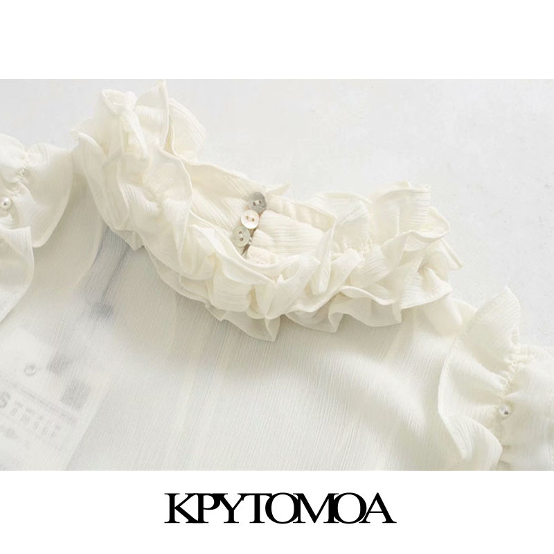 Women Sexy Fashion Pearl Beading See Through Ruffled Blouses High Neck Sleeveless Female Shirts Chic Tops 210420