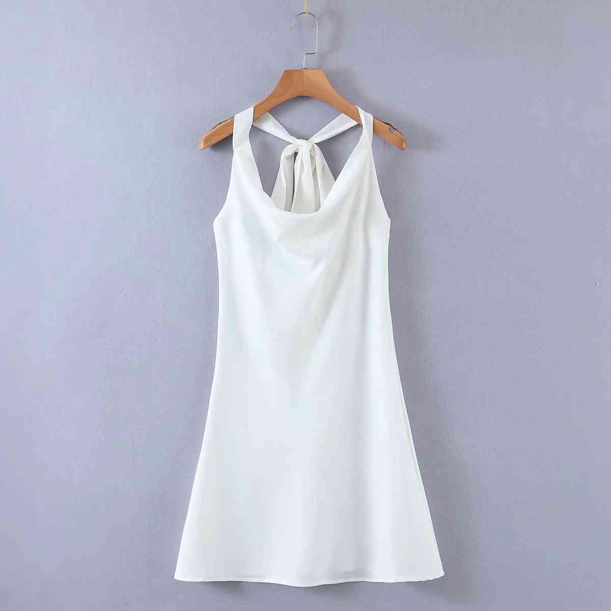 drapped neck white satin dress women sexy backless lace up summer party sun short mini silk 210427