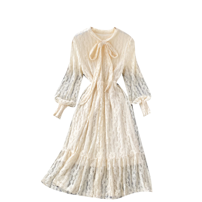 LoveFlowerLife Autumn Winter Bow Tie Long Sleeve Elegant Clothes Vestido Lady Fashion Lace Dress Women 210521