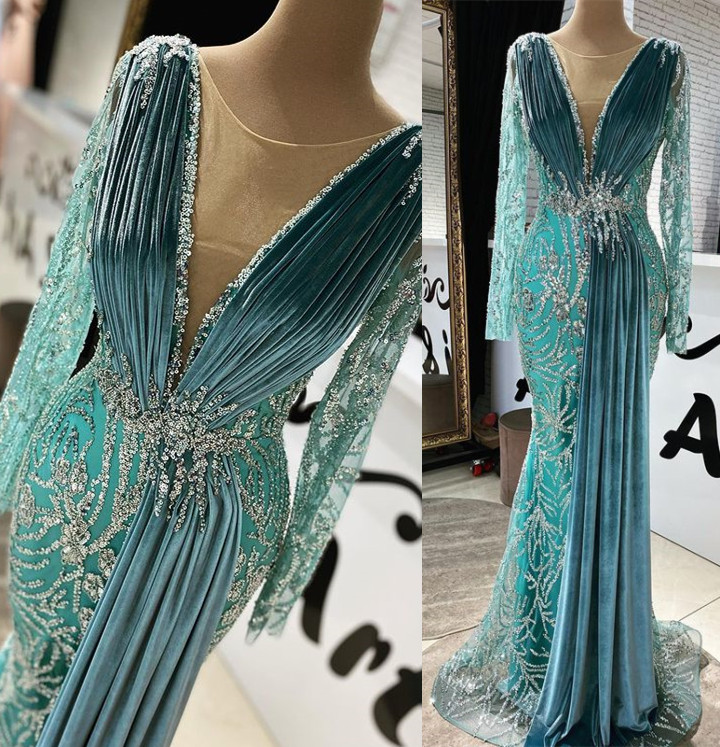 2021 Plus Size Arabic Aso Ebi Luxurious Mermaid Beaded Prom Dresses Sheer Neck Long Sleeves Velvet Formal Evening Party Second Reception Gowns Dress Z