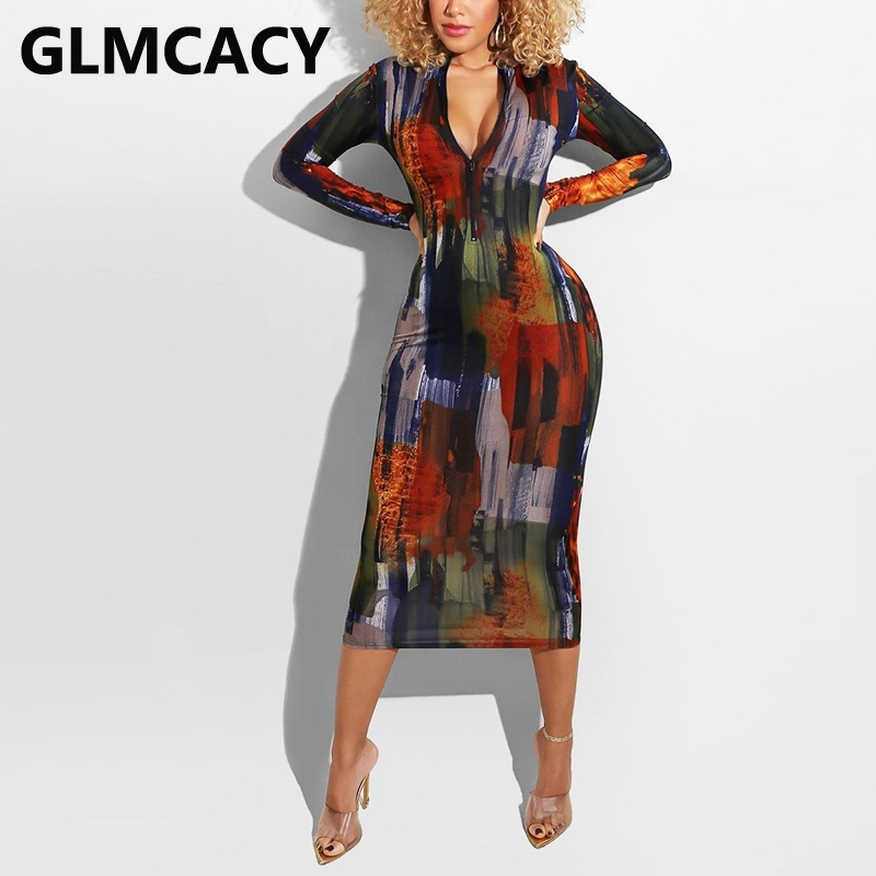 Women Long Sleeve Zipper V Neck Dress Abstract Elegant Pencil Dresses 210702