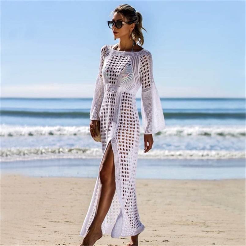 

Sexy Hollow Out Knitted Beach Dress Female Flared Sleeves Tunic Split Sheer Robe Crochet Cover Up Women Swimsuit Coverups 210604, White