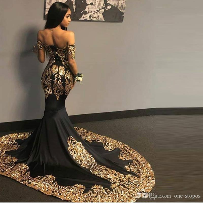 2022 Sexy African Black Prom Dresses With Gold Appliques Sequins V Neck Short Sleeve Mermaid Party Dress Court Train Evening Gowns EE