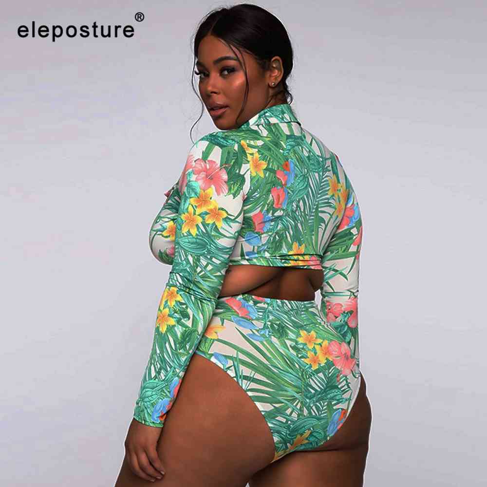 Sexy Plus Size Swimwear Women Leaves Print Bikini Long Sleeves Swimsuit Female High Waisted Bathing Suits Summer Beach Wear 210521