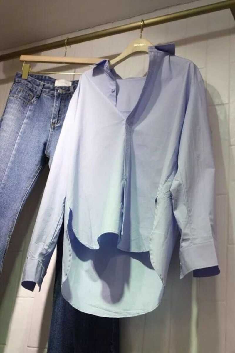 Spring Loose Blue Front Short-back Long Turn Down Collar Shirts Women Casual Top 210615Z
