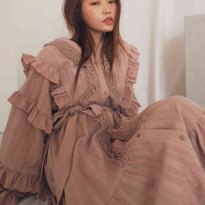 Comelsexy Autumn Women Vintage Loose High Waist Slim Was Thin Elegant Splice Single-breasted Ruffles Maxi Dress Vestido 210515