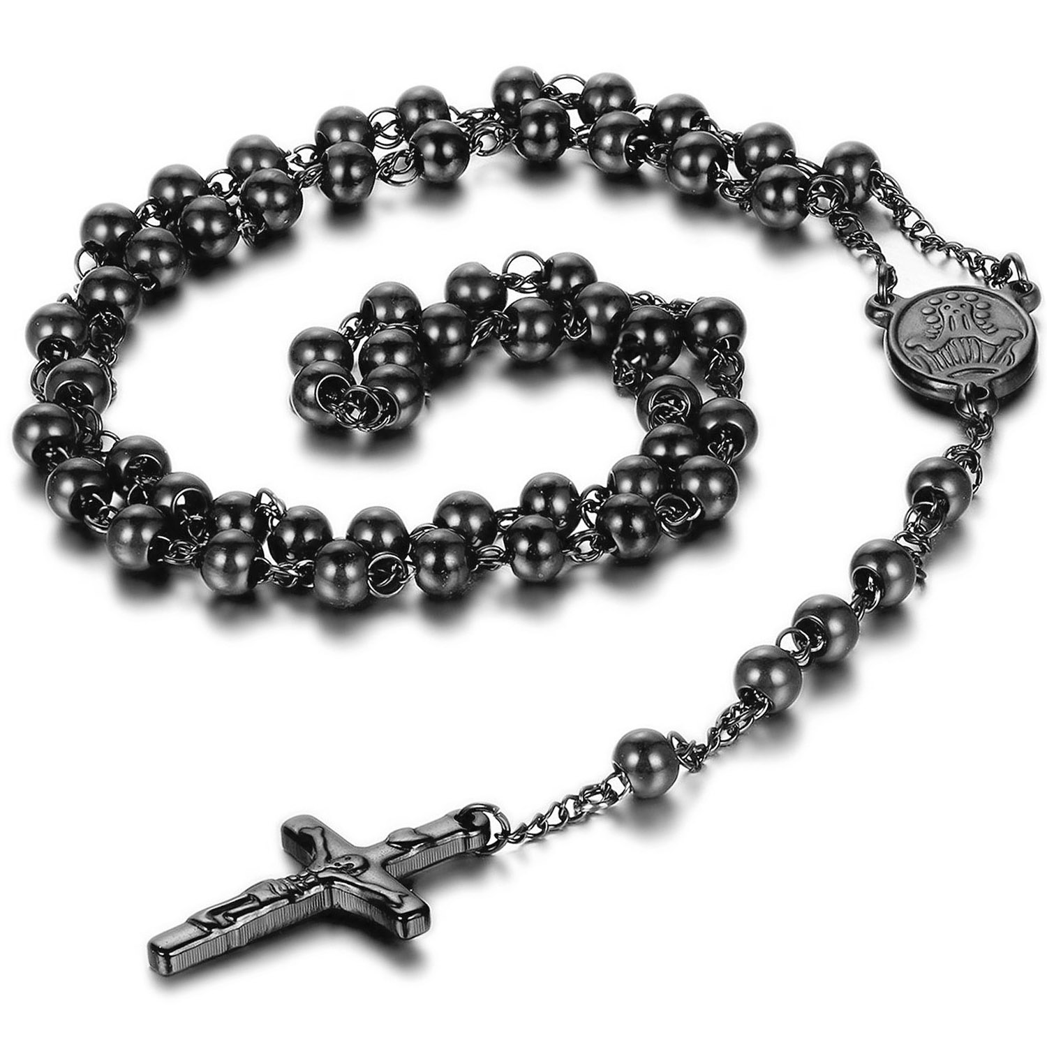 Men's Women's Stainless Steel Pendant Necklace Christ Jesus Crucifix Cross Rosary Beads Ball Chain