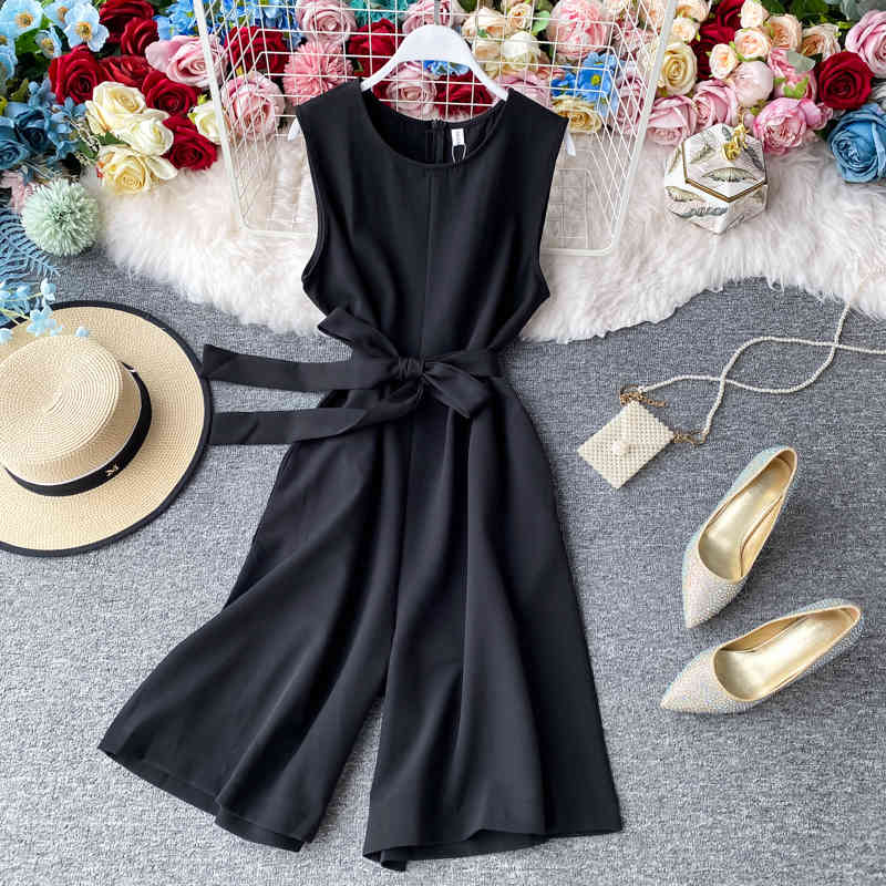 Summer Women Rompers Bandage Solid Elegant Korean Fashion Jumpsuits Bow Wide Leg High Waist Bodysuit 17242 210415