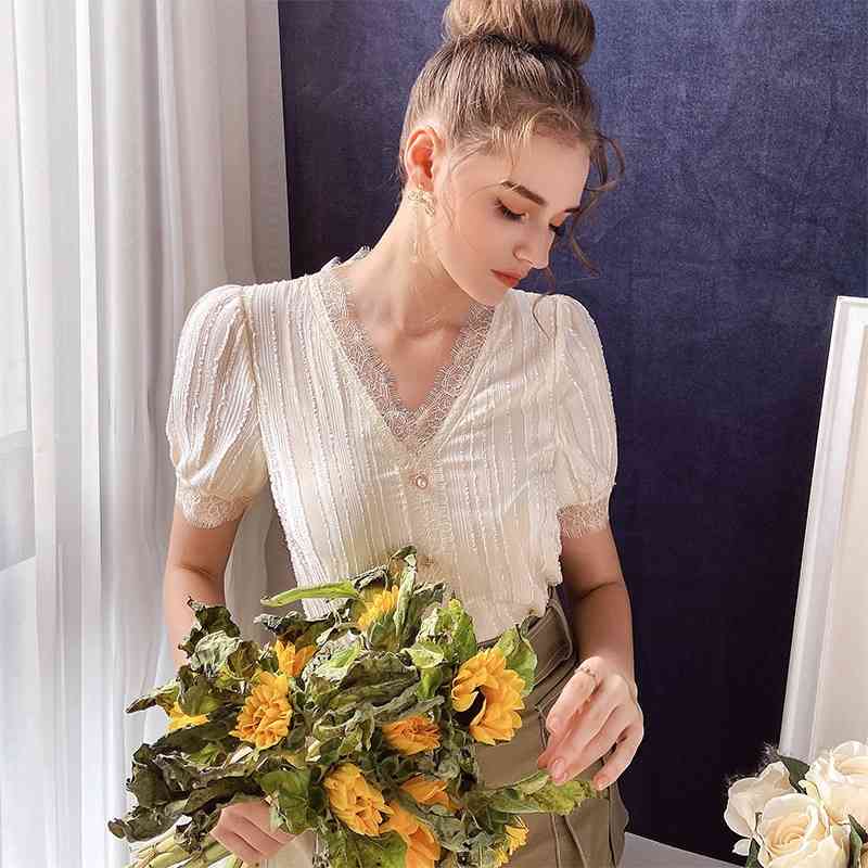 Dabuwawa Exclusive Casual Lace V-Neck Blouse Spring Summer Short Sleeve Ruffled Elegant Women's Shirt Tops Fashion DO1BCF002 210520