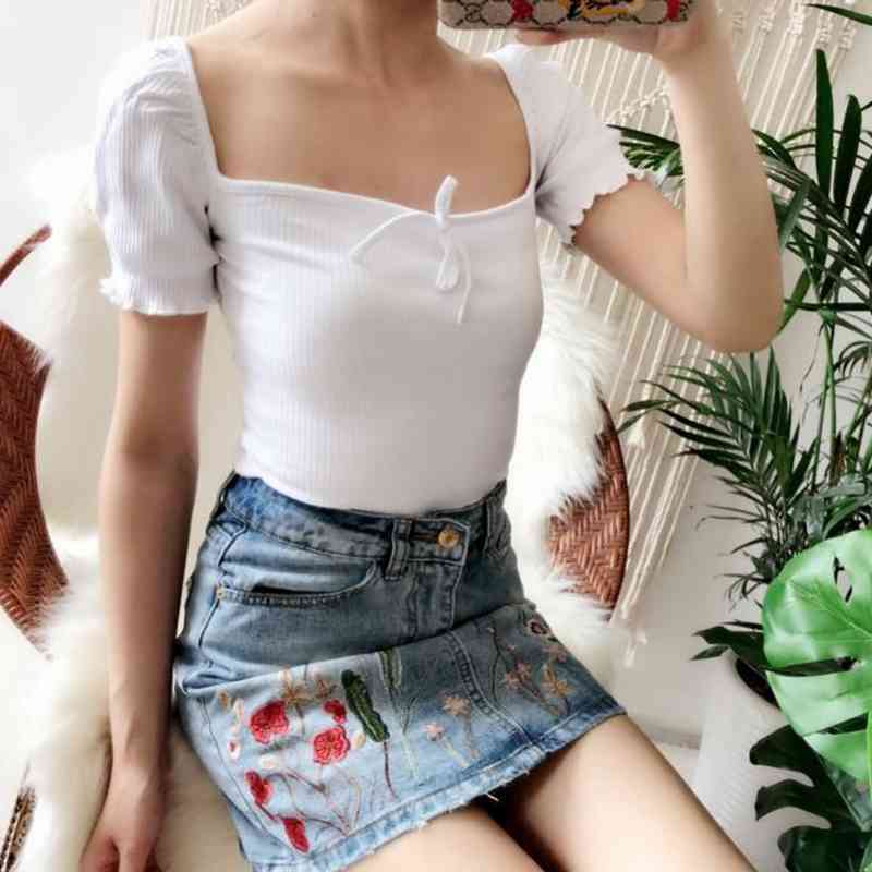 Summer T Shirt Women Tops Kawaii Bow Tie Deep Square Collar Rib T-Shirt with Puff Sleeve Tshirt Vintage White Crop Top 210521