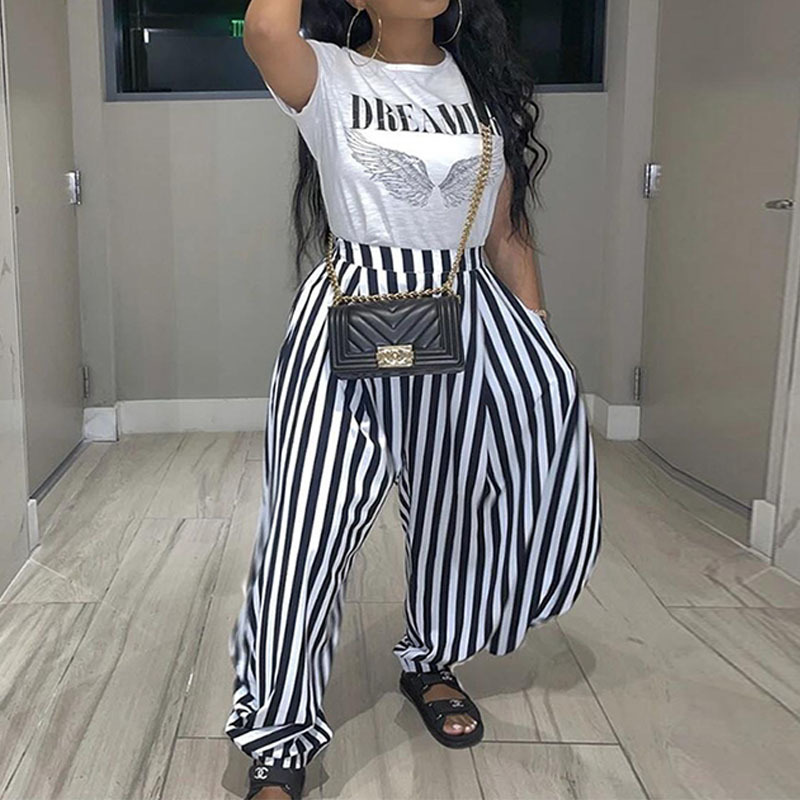 Two Piece Casual Pants Suits Letter Printed O-neck Short Sleeve T Shirt & Striped Loose Pants Set 210521, Green
Two Piece Casual Pants Suits Letter Printed O-neck Short Sleeve T Shirt & Striped Loose Pants Set 210521, Green