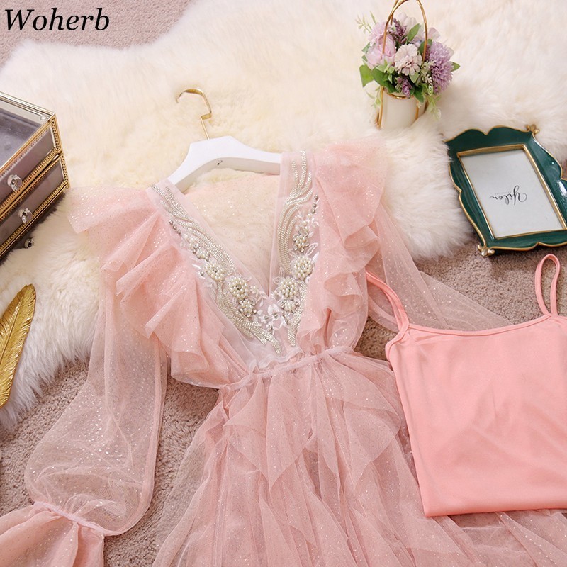 Dresses Women Spring Irregular Dress V-Neck Flare Sleeve Gauze Femme Roupas Korean Suit Sling Base Two-piece Set Vestidos 210519