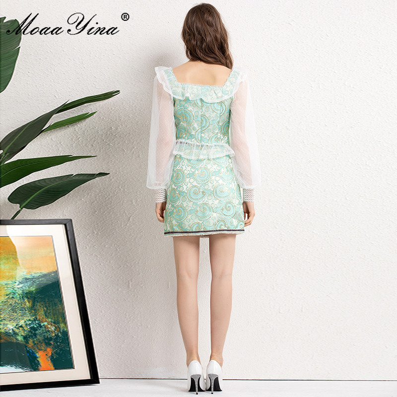 Fashion Runway Summer Short Jacquard Skirts Suit Women's Sexy Ruffle Mesh Long sleeve Tops and 2 Pieces Set 210524