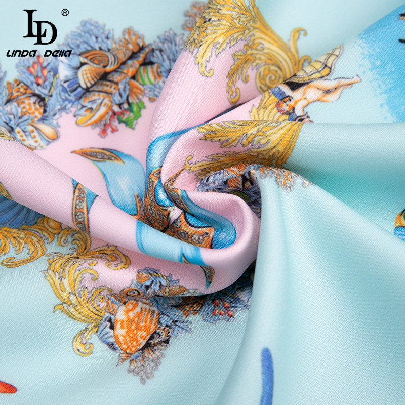 Summer Fashion Runway Dress Women Long Sleeve Lace Patchwork Elegant Blue Underwater World Print Short Dresses 210522