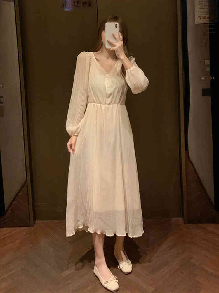 Elegant Dress Women Casual Lace Long Sleeve Dress Korean Button Evening Party V-neck Vintage Dress Female Autumn 210521