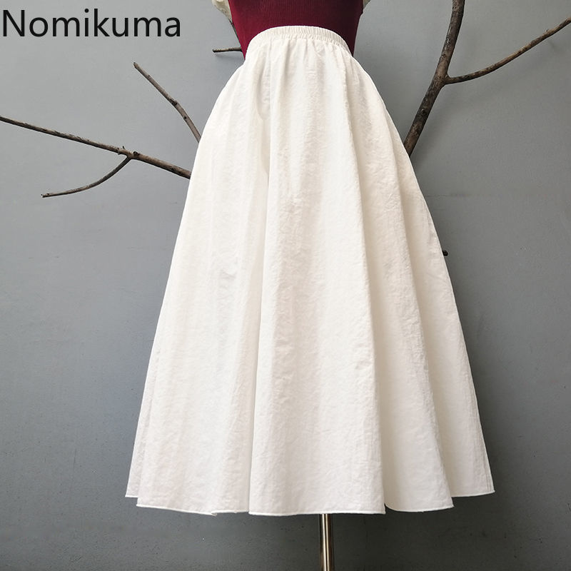 Nomikuma Spring Summer Fashion Elegant Solid Skirts High Waist Korean Women Skirt New A-line Mid-calf Faldas Mujer 6G346 210427