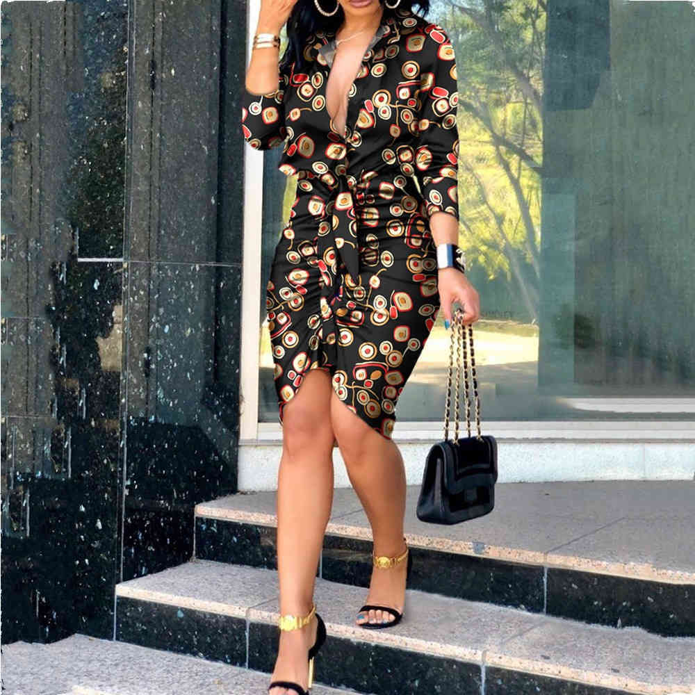 Sexy Satin Women Bodycon Dress Summer Elegant Print Patchwork Deep V Neck Long Sleeve Lace Up Button Slim Lady Shirt Dresses 210522