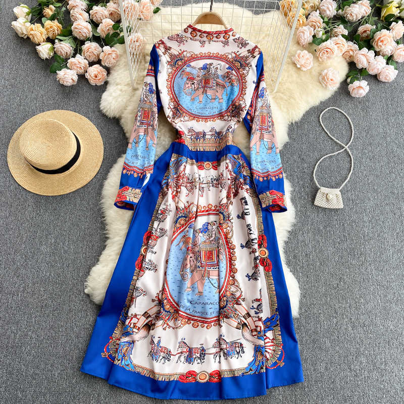 DEAT Women Blue Printign Midi-long Dress Lapel Longd Sleeve Arrivals Lady Temperament Fashion Spring Summer 11D1146 210709