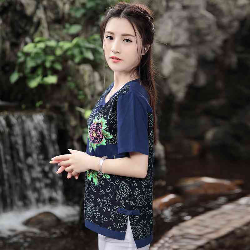 fashion floral embroidery women shirt blouse short-sleeve 's clothing plus size loose tops blusas D824 30 210506