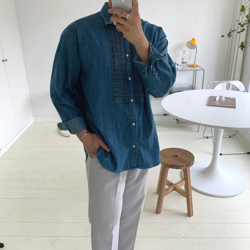 IEFB Spring Loose Oversized Men's Shirt Blue Long Sleeve Denim Shirts Lapel Single Breasted Clothes Korean Trend 9Y7346 210524