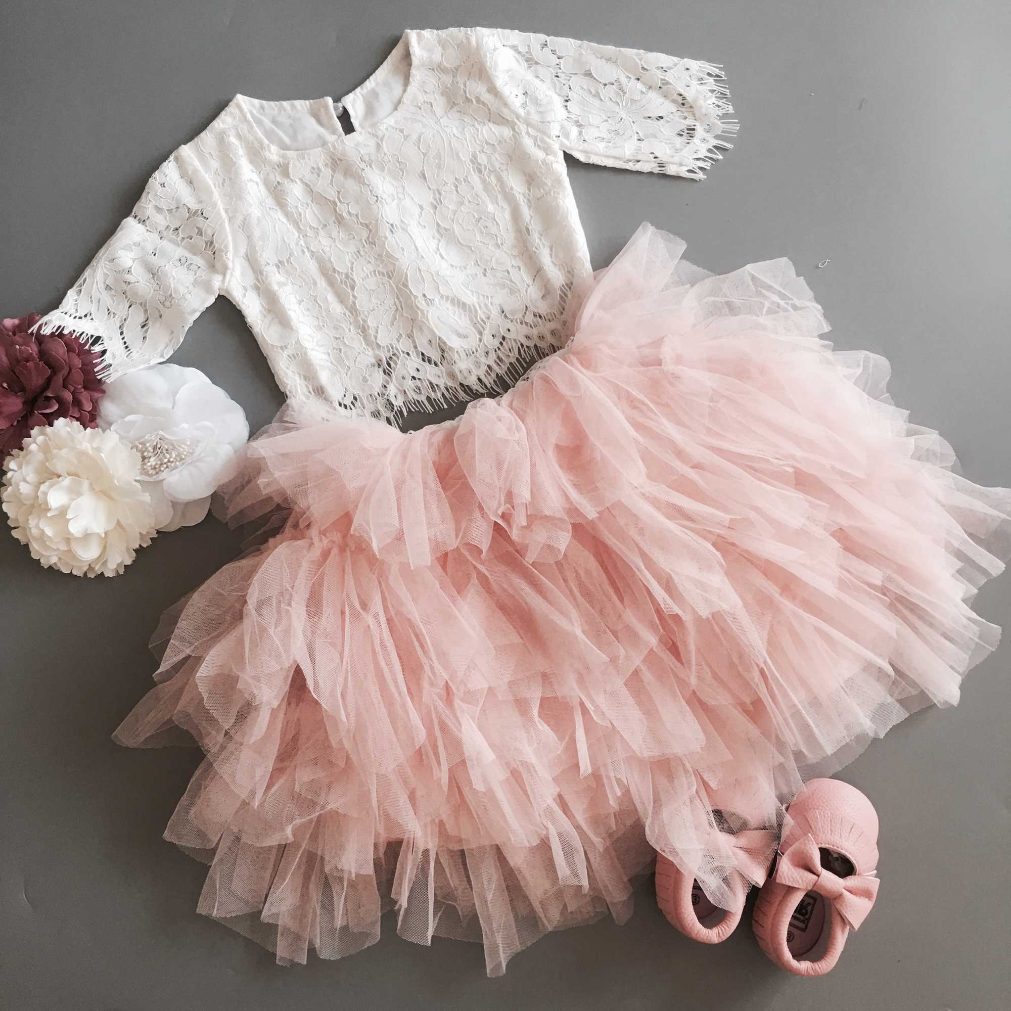Baby Girls Lace Clothing Set For Xmas Kids Petti Skirt +Lace Shirt Sweet Flowers Toddler 2Pcs Outfit Child Party costume 210529