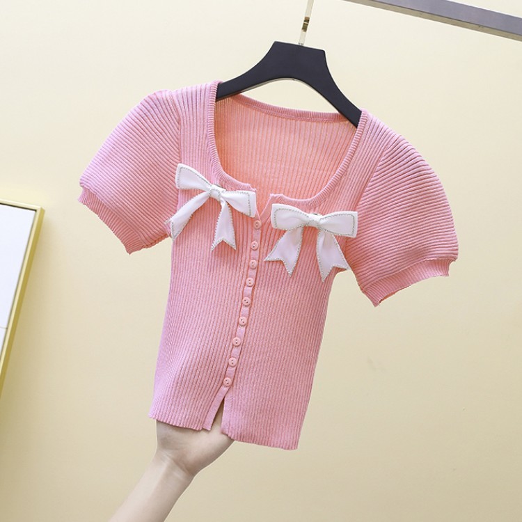 Women's Sweet Cute Bowknot Short Sleeve Slim Cardigan Sweater Korean Style Knitted Thin Fashion Chic Top Female 210519