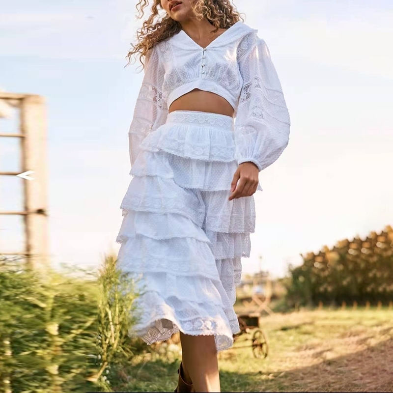 White Lace Sets For Women V Neck Lantern Sleeve Short Tops Midi Skirts Elegant Two Piece Set Female Fashion Clothing 210531