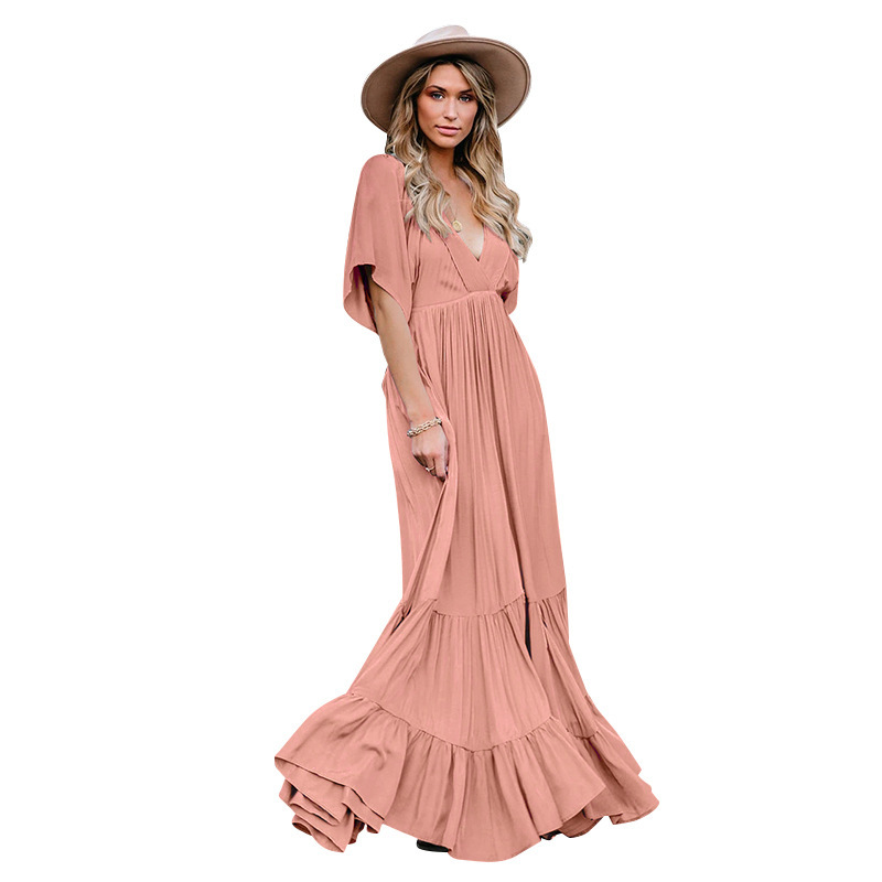 Women Dress V Neck Short Sleeve Bohemian es Ruffles Large Hem Maxi High Waist Loose Plus Size Beach es 210524