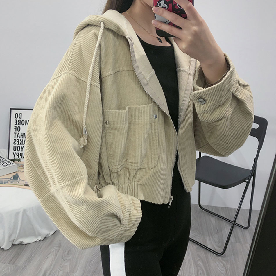 Free Women's Corduroy Hooded Jacket Fashion Bat Long Sleeve Pocket Loose Short Sportswear 210524