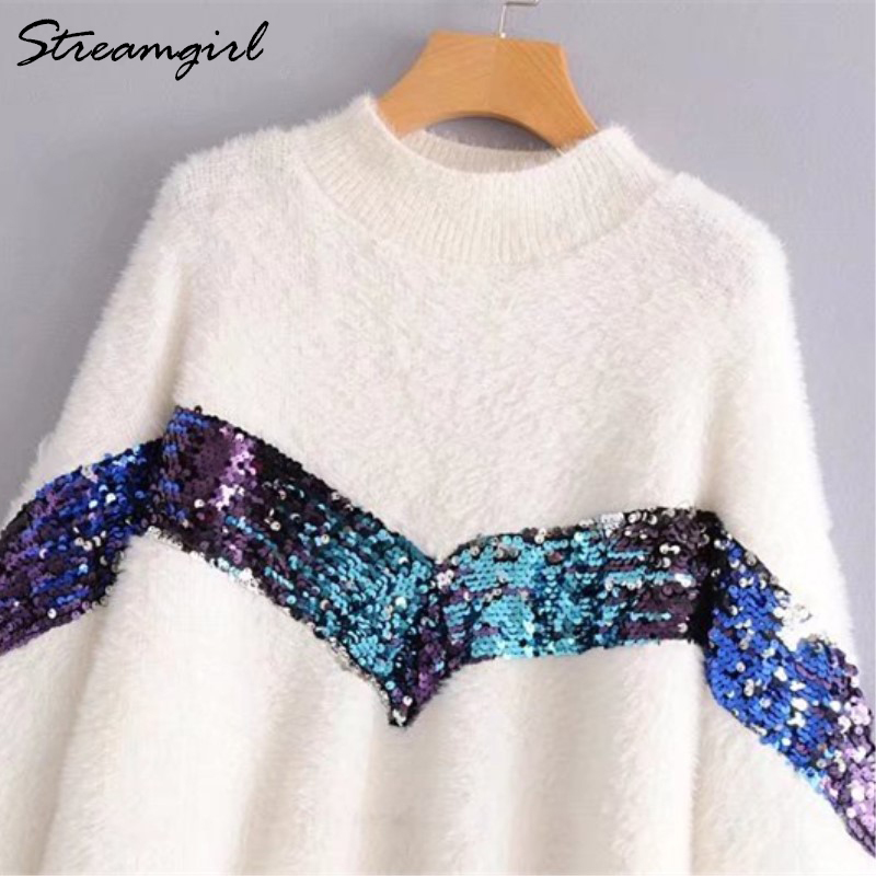 Mohair Sweater With Sequins Women White Turtleneck Sweater Pullover Sweaters Women Sweters Patch Thick Winter Warm Sweaters 210421