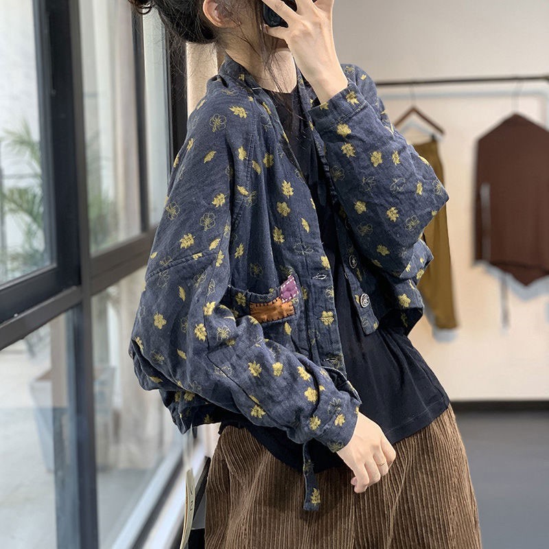 Arrival Spring Autumn Arts Style Women Long Sleeve Loose Short Coat Single Breasted Vintage Print Cotton Jackets Coats V181 210512