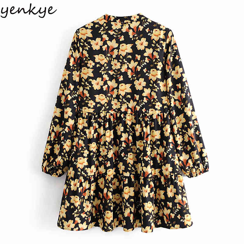 YENKYE Vintage Yellow Floral Print Dress Women Lantern Sleeve V Neck Pleated Casual Loose Dress Spring Plus Size Short Vestido 210515