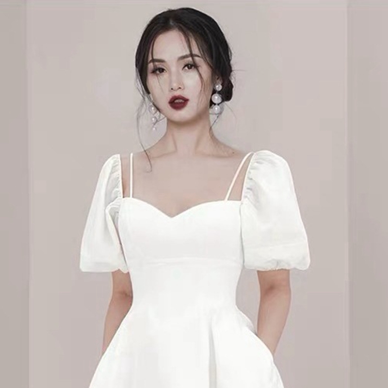 Fashion Summer Women White Elegant Dress V neck Puff sleeves Mid-calf Solid Empire Slim Party 210506