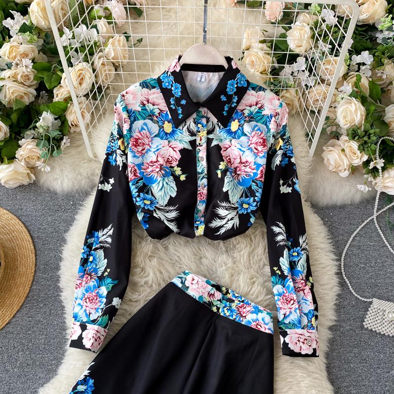 Women's Two Piece Pants 2021 Women Ins Fashion Print Runway Suit Color Contrast Lapel Long Sleeve Shirt + High Waist Slim Pencil Set