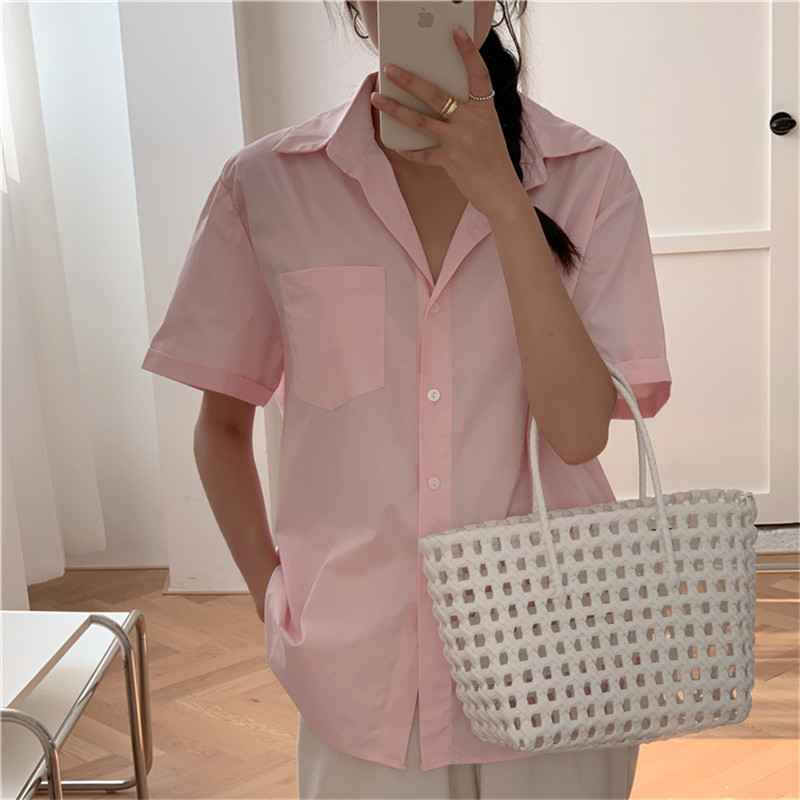 Summer Women Blouses OL Solid Basic Shirt Femme Casual Short Sleeve Fashion Cotton Loose Lapel Work Wear Tops 210421