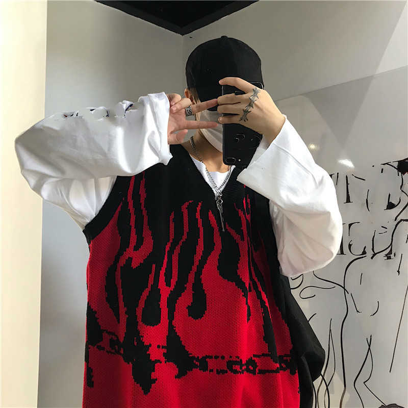 Neploe Autumn Winter Korean Sleeveless V-neck Knitted Vest Flame Printed Causal Women Men Sweater Pullover 4E202 210812