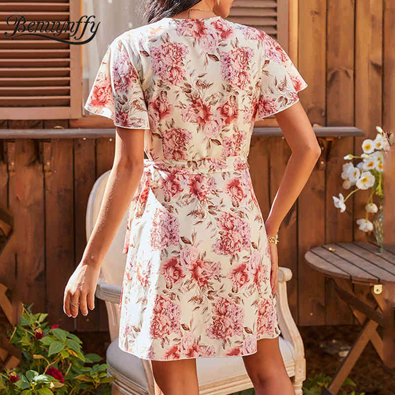 V-neck Tie Waist Wrap Mini Dresses Boho Casual Women Summer Short Sleeve Elegant Floral Print A-Line Dress 210510