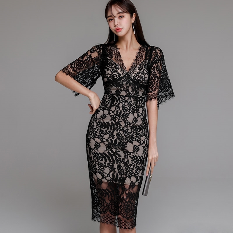 Arrival Women Sexy Lace Dress Fashion Summer Party es V-Neck Flare Sleeve Casual Slim Korea Vestidos 210520
